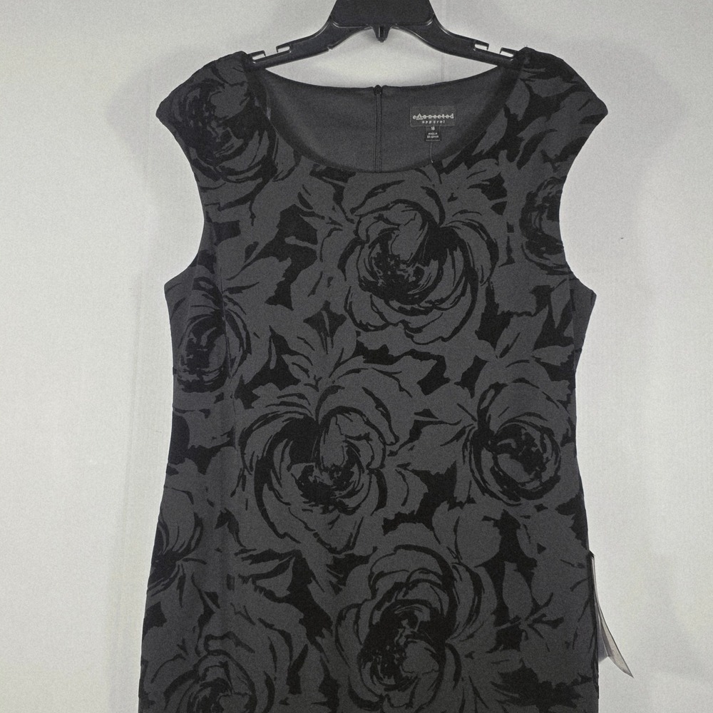 Connected Apparel Black Flocked Velvet Floral Cap Sleeve Sheath Dress Size 16
